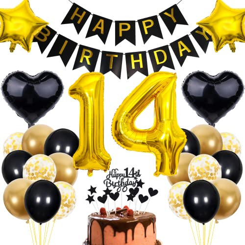 Cnrose 14. Geburtstag Dekoration - Schwarz Gold Party Deko für Junge und Mädchen - Tortendeko