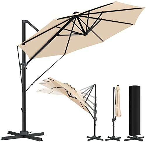 KESSER® Sonnenschirm Ampelschirm SUN Rund XL Ø330 cm Inkl. Abdeckung, 7-Fach Verstellbar Drehbar Neigbar Kippbar Groß 360° Drehbar Gartenschirm mit Kurbel Sonnenschutz UV50+ Beige