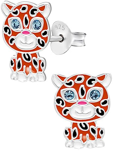 Ohrringe, Ohrstecker kleine japanische Tiger Katze. LOVE YOUR CITY Schmuck Geschenke für Mädchen, Kinder. Kinderschmuck aus 925 Sterling Silber mit Emaille.