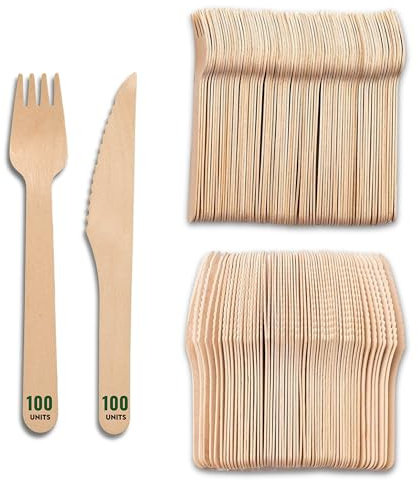 Juego de 100 tenedores + 100 cuchillos desechables de madera, cubiertos desechables, ideal para picnics y eventos