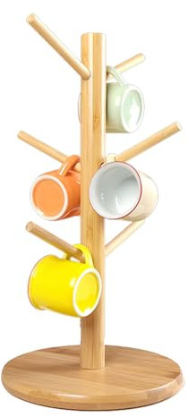 ADERTOS Tassenständer Becherhalter Holz Tassenhalter Tassenbaum Baumbecherhalter Kaffeebecher Baum Abnehmbar Coffee Mug Stand Runder Boden Kaffeetassenständer mit 6 Haken für Kaffeetassen Becher