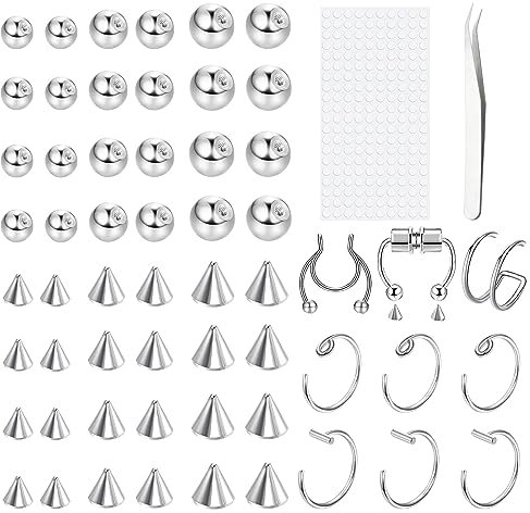 Wimony Fake Piercing Set: 277pcs Fake Lip Ring, Nose Stud, Ear Clip & Tweezers - Stainless Steel, Magnetic, Non-Piercing, 3MM-5MM Sizes