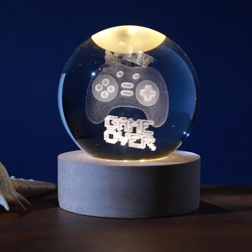 I-TOTAL® - 3D Glaskugel mit LED RGB Deckeneffekt, Nachtlicht für Kinder, Nachtlicht mit Holzsockel, Fantasy Thema, Kristall Dekoration (LET'S PLAY)