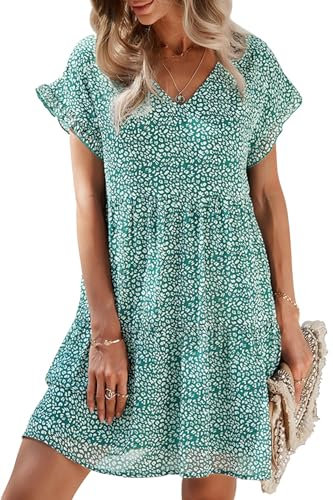CheChury Vestidos Casuales Mujer Gasa Escote en Pico Estampado de Flores Mangas Cortas Vestido de Mujer con Cuello en V con Estampado Floral para Mujer Casual Vestido de Fiesta de Cóctel