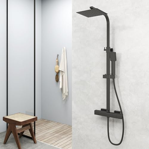 Ducha Casa Columna Ducha Termostática Cuadrada Altura Ajustable, Alcachofa de Ducha Lluvia Negro Mate para Baño
