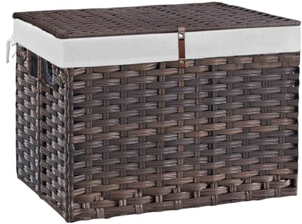 135L Wicker Storage Basket with Lid, Handwoven Large Shelf Basket with Removable Liner, 35.7 Gallon Wicker Basket for Blanket, Storage Trunk with Handle for Closet, Bedroom, Livingroom, Brown
