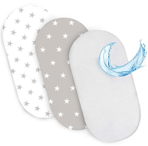 Spannbettlaken Kinderwagen Baby Spannbetttücher 3er Set: 75 x 35 cm - 2X Bettlaken + 1x wasserdichter Matratzenschoner - Babybett Zubehör für Kinderbett Beistellbett Stubenwagen Sterne weiß grau