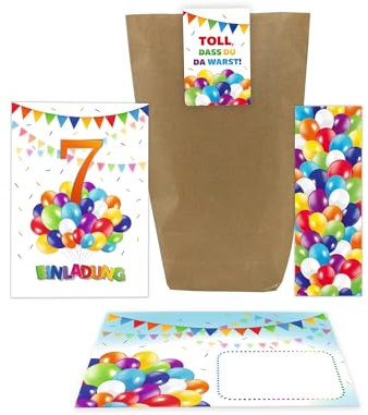 12 Einladungskarten zum 7. Kindergeburtstag Jungen Mädchen Luftballons Einladungen siebte Geburtstag incl. 12 Umschläge, 12 Tüten, 12 Aufkleber, 12 Lesezeichen
