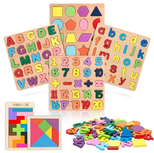 Neikafan Holz Alphabet Puzzle ABC Buchstaben Zahlen Kinder Holzpuzzle | und Tetris Tangram Puzzle Buchstaben und Zahlen Spiel Holz Montessori Geometrisches für Kleinkinder und Vorschulkinder