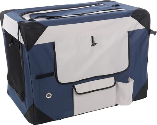 Flamingo Transportkäfig Geronimo blau 58,5x81,5x58,5cm - Verstärkter und Faltbarer Rahmen - Herausnehmbarer Boden - Aufrollbare Vorhänge, 3 Staufächer und mit Möglichkeit für eine Trinkflasche