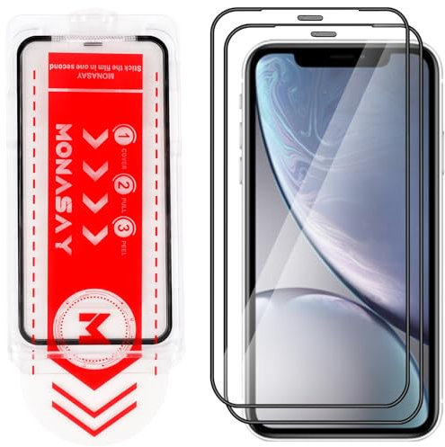 MONASAY [2 Pack for iPhone XR Glass Screen Protector [Easy Installation] HD Matte Tempered Screen Film with Frame Full Coverage Case Friendly