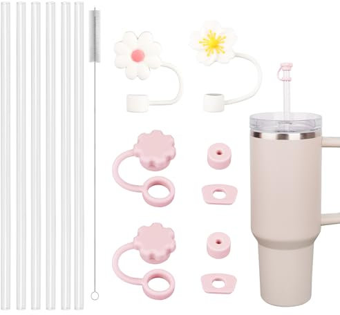 Giantzhong Stanley Cup - Set de accesorios para copa Stanley, 6 pajitas de 31 cm para Stanley Cup 30/40 oz, 6 tapones de silicona rosa a prueba de fugas, 2 tapas de pajita, 1 cepillo de limpieza