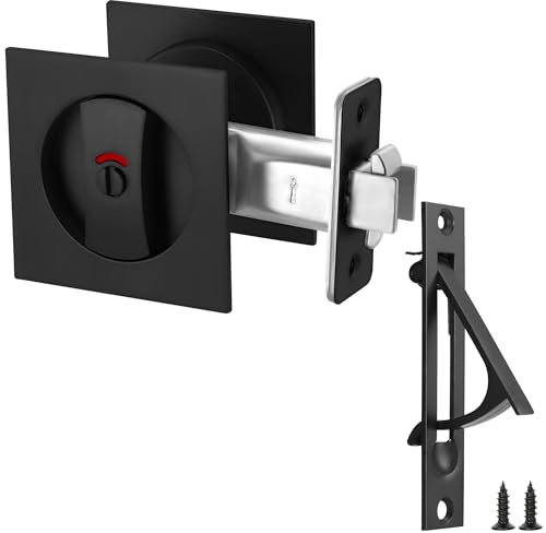 Malimali Ensemble serrure de porte de poche et poignée de bord, serrure carrée avec indicateurs pour portes coulissantes à deux volets, poignées de rechange (noir mat)