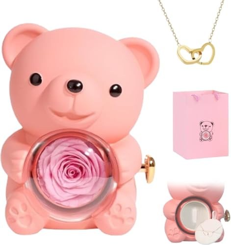 Eunmsi Engraved Heart Necklace with Real Rose Bear Giftbox,Preserved Rose Hug Bear Gifts for Women,Preserved Rose Gifts Set,Eternal Rose Flowers Flip Bear Jewelry Box,for Women's gifts (pink)