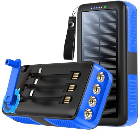 Portable Charger Power Bank 30000Mah Large Capacity, Solar Power Bank with Build in 3 Cables & Flashlight, Hand Crank Power Bank Battery Pack for Outdoor Camping Survival Gear,Blue