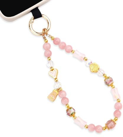 PEUTIER Phone Charms Strap, Pink Beaded Phone Wrist Strap Cell Phone Straps Charms Phone Bracelet Lanyard Crystal Phone Chain Decorations for Girls Woman