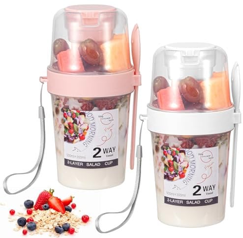 Pack de 2 vasos de cereales, vasos de yogur portátiles 560 + 310 ml, vasos de cereales 2 en 1 de doble capa, anticaídas y antigoteo (rosa+blanco)