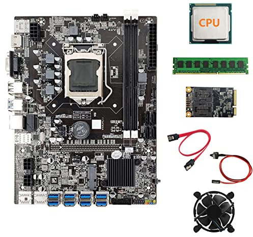 Ggnaxivs Placa Base de Mining B75 BTC + CPU + Ventilador + DDR3 4GB 1600Mhz RAM + 128G SSD + Cable SATA + Cable de Interruptor LGA1155 8XPCIE una Placa USB