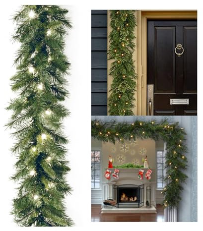 Guirnalda de Pinos, Cedro y Ratán para Navidad - Decoración de Mesa, Pasamanos de Escalera, Interiores y Exteriores (Verde-B)