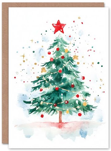 Wee Blue Coo Decorated Tree Red Star Light Festive Fun Xmas Art Blank For All Christmas Card