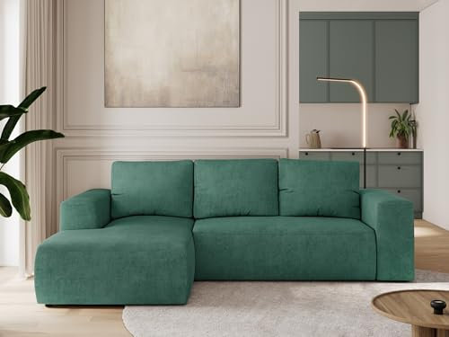 MKS MEBLE Sofa mit Schlaffunktion - Ecksofa mit Schlaffunktion und Bettkasten - Sofa 3 Sitzer - Schlafsofa - Couch - Schlafsofa mit Bettkasten - Trentino L - Grün Stukture - Links