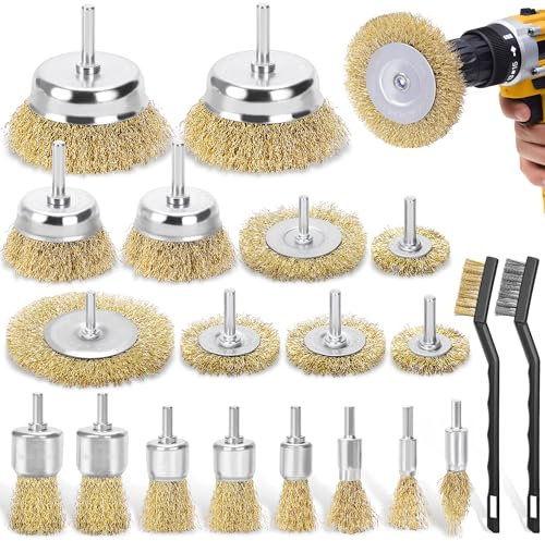 DazSpirit 18 Pcs Wire Brushes for Drill, Brass-Coated Drill Wire Brush with 6mm Round Shank, Wire Brush Set Ideal for Rust Removal, Metal Polishing & Surface Cleaning
