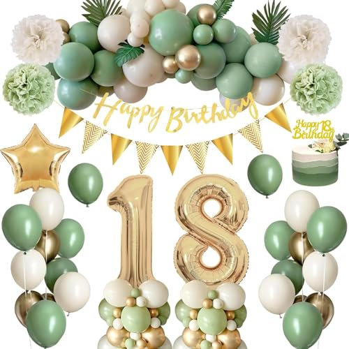 18. Geburtstag Deko für Mädchen Jungen, 63Pcs Salbei Grün Party Dekoration Set - 32Inch 18. Geburtstag Ballon, Star Folienballon, Grün Gold Weiß Luftballons, Banner, Cake Topper