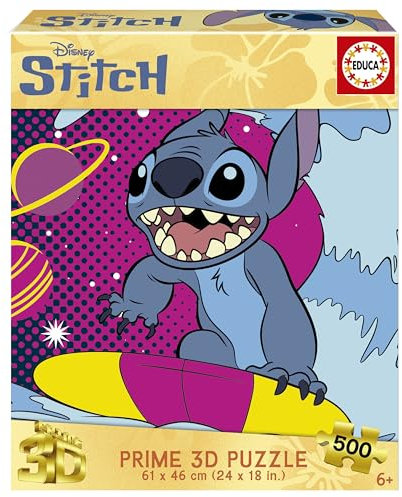 Educa - Puzzle de 500 Piezas para Adultos | Stitch 3D Prime Lenticular Puzzle. Incluye Pegamento Fix Puzzle. Medidas: 48 x 34 cm. A Partir de 11 años (20272)