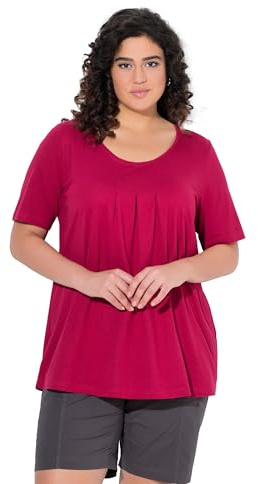 Ulla Popken Damen große Größen Übergrößen Plus Size T-Shirt, Zierfalten, A-Linie, Rundhals, Halbarm, Modal dunkle Himbeere 50+ 796473531-50+