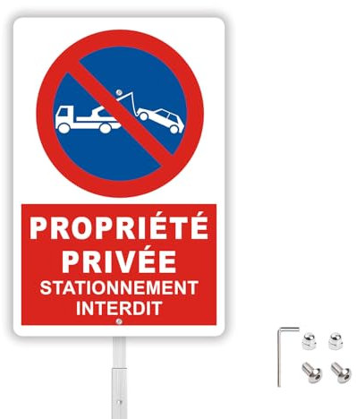 Panneau Propriété Privée Stationnement Interdit vec Piquet 20 x 30 cm Aluminium Réfléchissant Panneau Interdiction de Stationner Imperméable avec Trous Percés