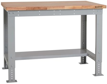 BiGDUG Height Adjustable Workbench - Heavy Duty Workshop Table - 877H x 1215W x 750D mm - Wood Worktop Half Depth Lower Shelf