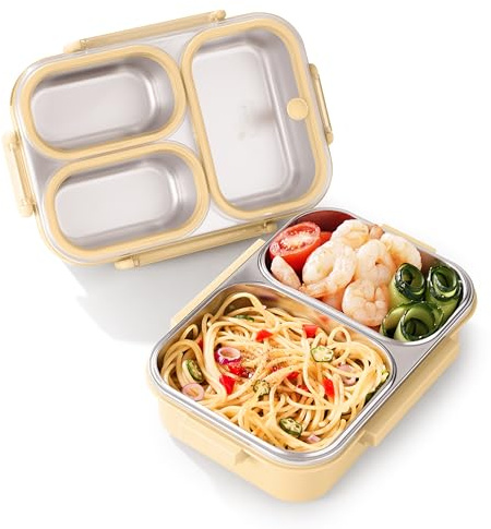 Donkoy Brotdose Metall mit 3 Trennfächern - Frühstückbox und Essensbox aus Edelstahl 304 800 ml für Schule, Büro und unterwegs. Edelstahl dose, Ideal für alle Altersgruppen. (1, yellow 800 ml)