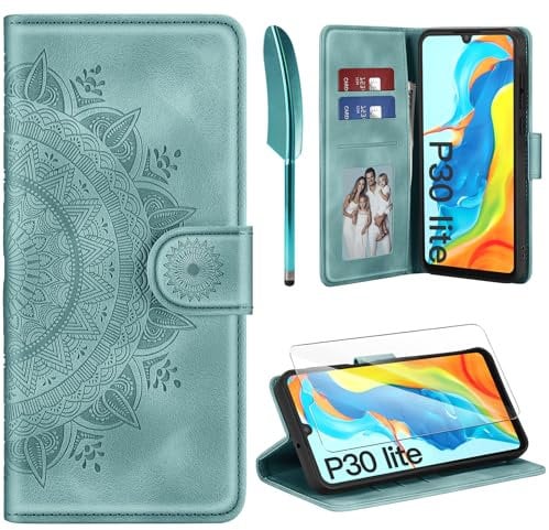 ivencase Lederhülle für Huawei P30 Lite Flip Hülle und Schutzfolie, Premium Klappbar Handyhülle Flip Wallet, [Kartenfach] [PU Leder] [Ständer] Schutzhülle Kompatibel mit Huawei P30 Lite, Grün