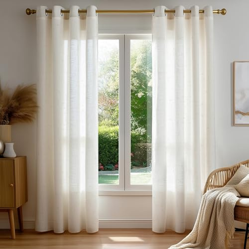 Deconovo Home Linen Curtains, Textured Linen Blend Eyelet Curtains, Warm Tone Light Filtering Drapes for Living Room and Bedroom, W52 x L90 Inch, Linen, 2 Panels