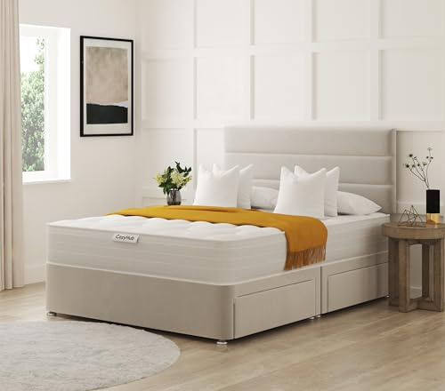 COZY HUB LTD Horizontal Lines Plush Velvet Divan Bed with 10 Inch Ortho Tufted Mattress & Headboard – Luxury Divan Set with Drawer Storage Options. (Silver, 4Ft- 2 Drawers)