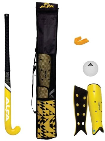 ALFA Composite Hockey Set SCH-6014-GELB | Komplettset mit Composite-Schläger, Schienbeinschützer, Mundschutz, Ball und Tasche | Gelb