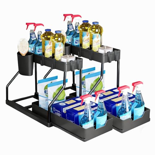 Organizador Bajo Fregadero Cocina y Baño, 2 Pcs Extraíble Estante, Negro