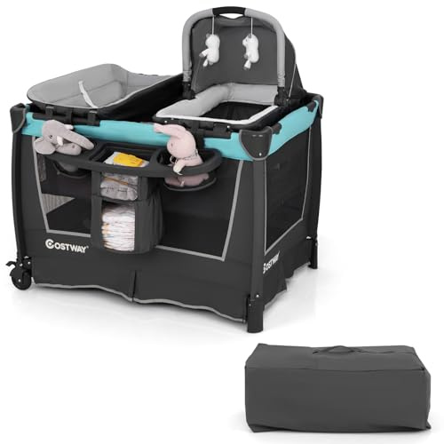 COSTWAY 5 in 1 Beistellbett Baby, Reisebett mit abnehmbarem Stubenwagen & Wickelauflage, Kinderreisebett mit Matratze, Tragetasche & Rollen, Babybett faltbar & tragbar, 103 x 74 x 73 cm (Grün)