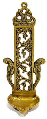 Esplanade Ethnic Indian Design Peacock Brass Wall Hanging Diya Deepak Lamp - 11 Inches Standard Golden