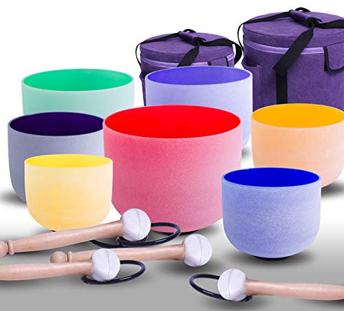 ENERGYSOUND Crystal Quartz Bowls 432 Hz Chakra Tuned Set of 7PCS Colored Frosted Quartz Crystal Singing Bowl 7-12 inch+CanvasBags