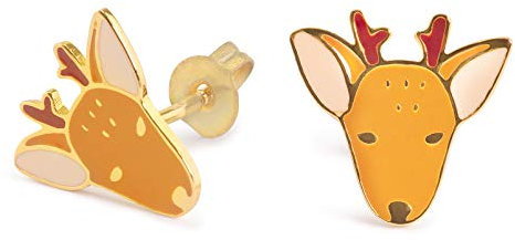 Monkimau Damen Ohrringe Hirsch Kopf Ohrstecker aus Messing Gold plattiert handbemalt
