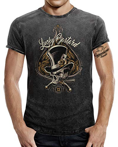 Rockabilly Greaser T-Shirt im Vintage Washed Jeans Used Look: Lucky Bastard