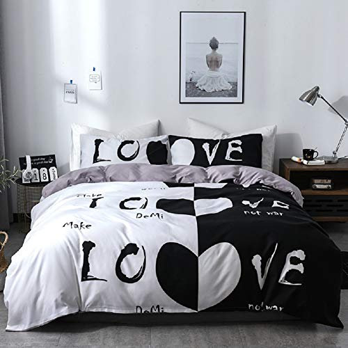 Lanqinglv Bettwäsche 220x240 cm Paare Liebe 3 Teilig Schwarz und weiß Bettwäsche Set mit Reißverschluss-Love Bettbezug und Kissenbezug 50x75 cm (Love,220x240)