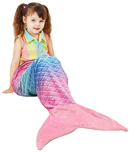 Catalonia - Coperta per bambini a forma di coda di sirena, super morbida, in flanella, per ragazze, arcobaleno, ombre, motivo squame di pesce, idea regalo