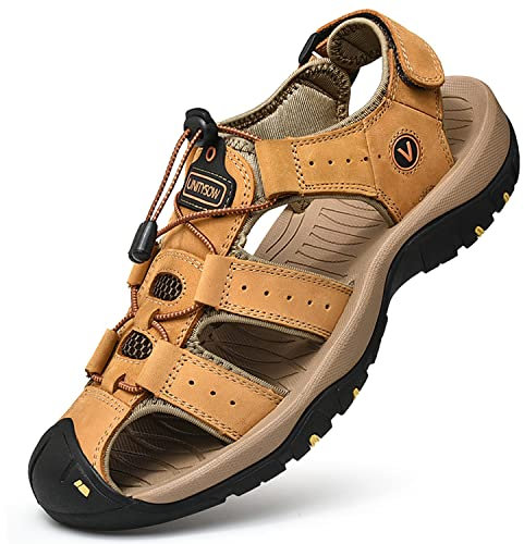 Unitysow Sandales de Marche Homme Bout Fermé Cuir Sandales Extérieur Sandales de Sport Trekking Randonnée Sandales Été Nu Pied Plage Sandales 39-46,Jaune,Taille 44