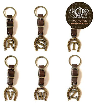 JA Horse - Leder Kupfer Hufeisen Pferd Reiter Schlüsselanhänger Brief A-Z Made in Europe (T)