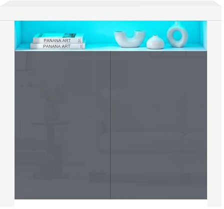 Panana 2 Door Modern LED Sideboard Matt Body and High Gloss Fronts, Cabinet Cupboard Unit with Multicolor LED Light, 107 cm *35 cm *97 cm (Grey)
