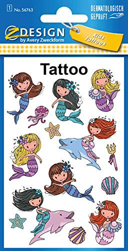 AVERY Zweckform 14 Tattoos Kinder Meerjungfrau (Temporäre Tattoos, wasserfeste Kindertattoos, hautfreundliche Klebetattoos, Aufkleber für Mädchen Mitgebsel Kindergeburtstag Party) 56763