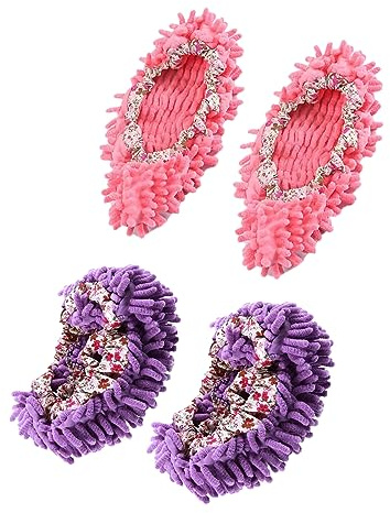 Ellsang Washable Mop Slippers, 2 Pairs Multifunction Microfiber Dust Mop Shoes Slippers Floor Cleaning Shoes Cover for Home(Pink+Purple)