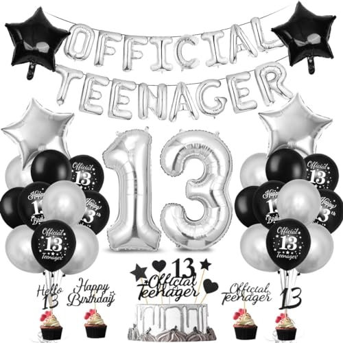 13. Geburtstag Dekoration Set, 13 Geburtstag deko, Luftballons 13. Ballons Schwarz Silber, Geburtstagsdeko 13 Jahre Junge Mädchen,Happy Birthday Girlande Banner